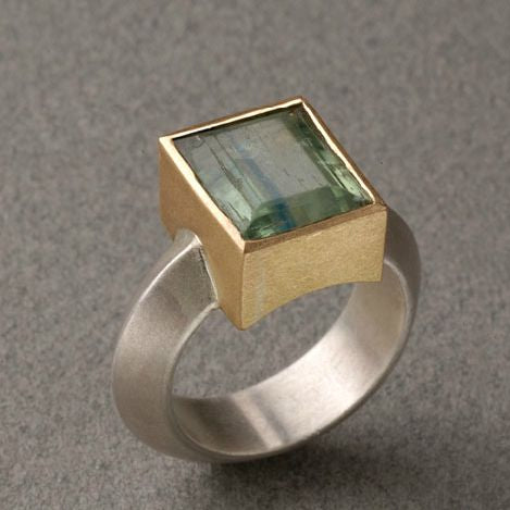 Vintage Green Square Gold & Silver Ring-Lydieannejewelry