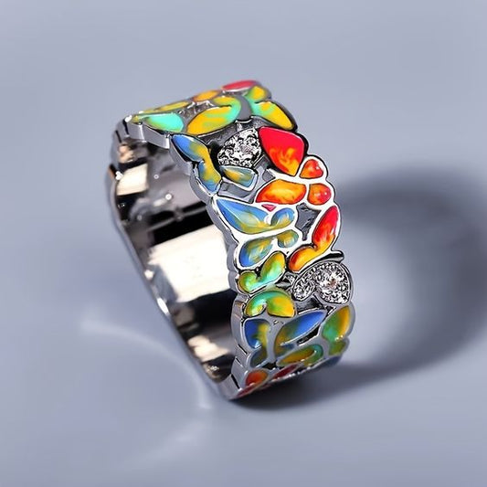 Vintage Enamel Colorful Silver Ring-Lydieannejewelry
