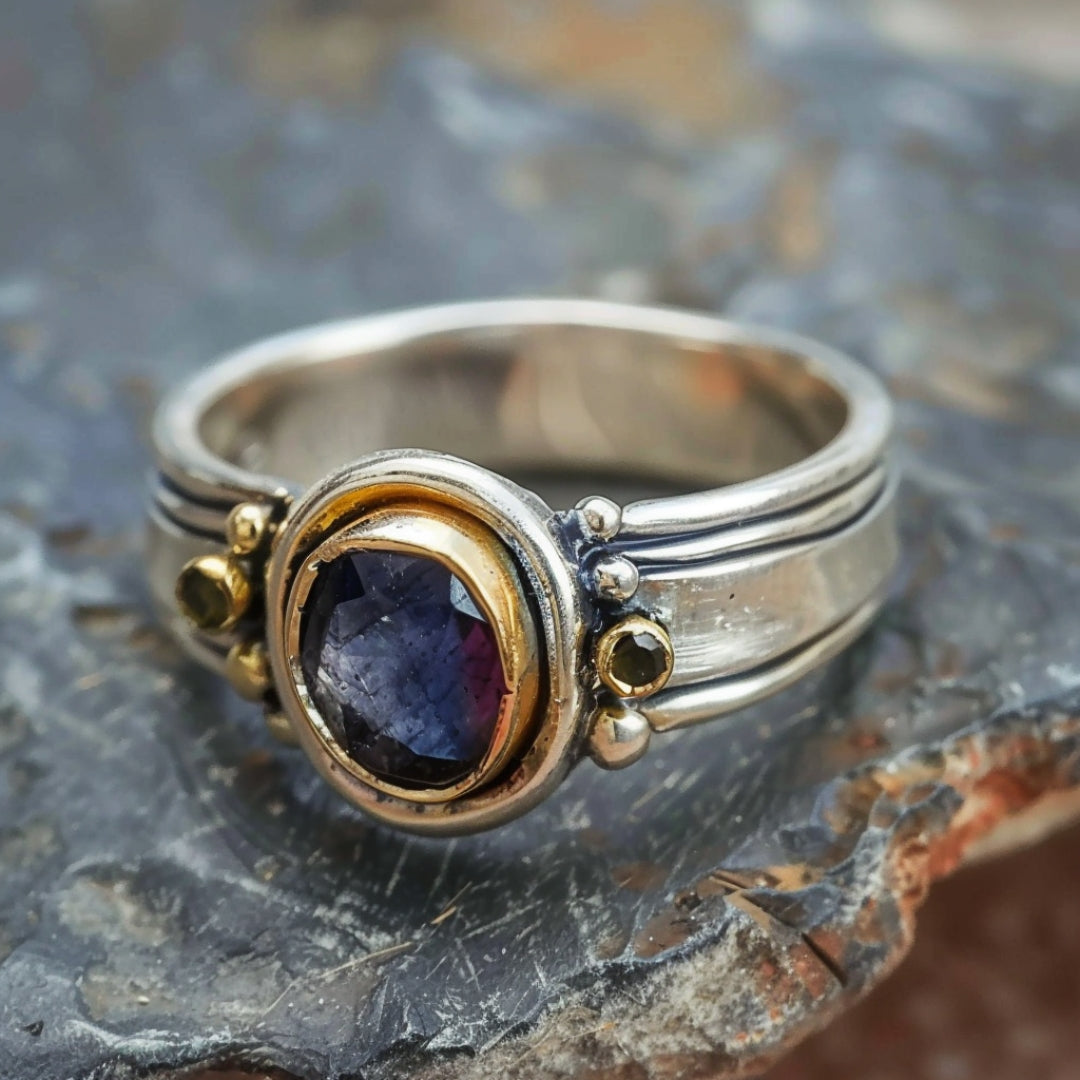 Silver Inlaid Blue Stone Ring-Lydieannejewelry