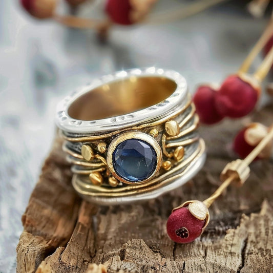 Gold Inlaid Blue Stone Ring-Lydieannejewelry