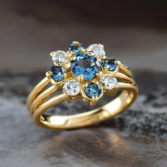 Golden Blue Flower Zirconia Ring-Lydieannejewelry