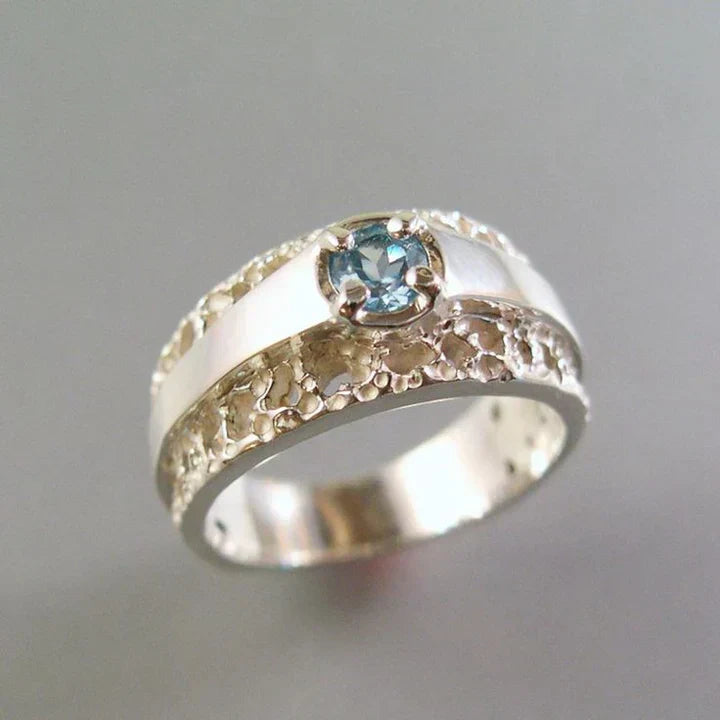 Vintage Hollow Gold & Silver Blue Glass Ring-Lydieannejewelry