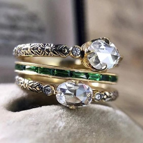 Vintage Layered Gold Green Zirconia Ring Set-Lydieannejewelry