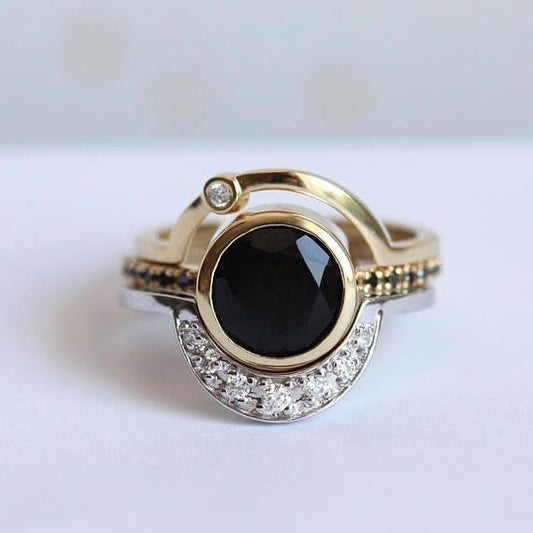 Vintage Black Glass & Zirconia Gold Ring-Lydieannejewelry