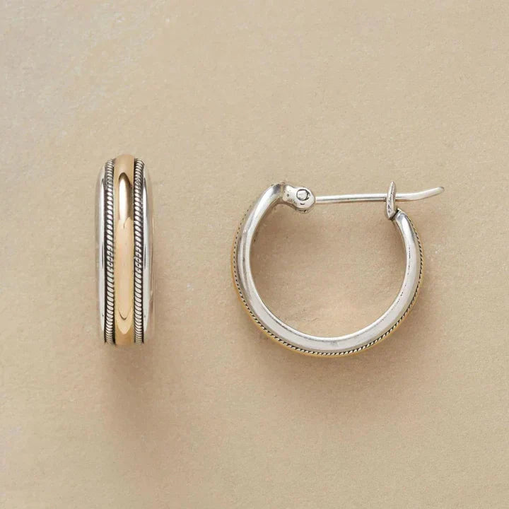 Vintage Golden Line Silver Hoop Earrings-Lydieannejewelry
