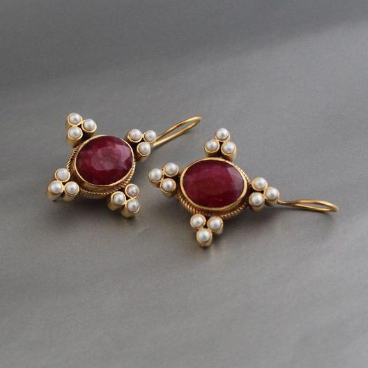 Vintage Red Stone Pearl Earrings-Lydieannejewelry