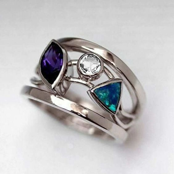 Vintage Blue Crystals Silver Hollow Ring-Lydieannejewelry
