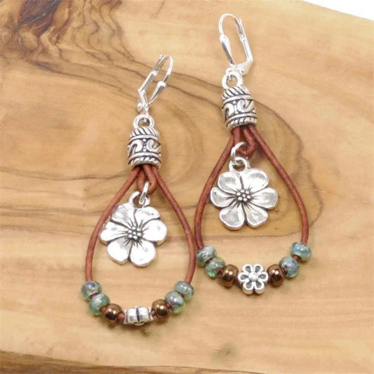 Vintage Floral Leather Earrings-USA Jewellery
