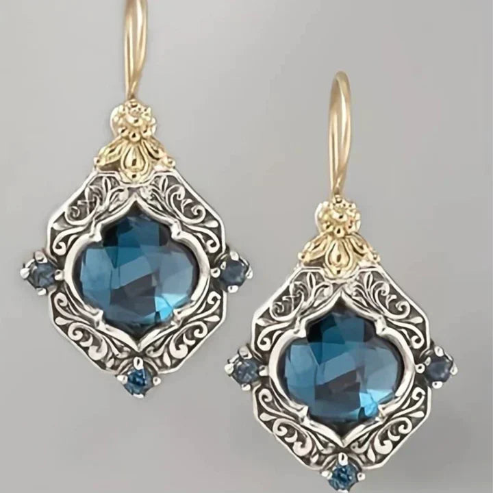Vintage Blue Crystal Gold Earrings-Lydieannejewelry