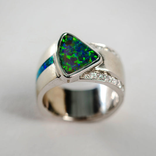 Vintage Bright Green & Blue Opal Ring-Lydieannejewelry