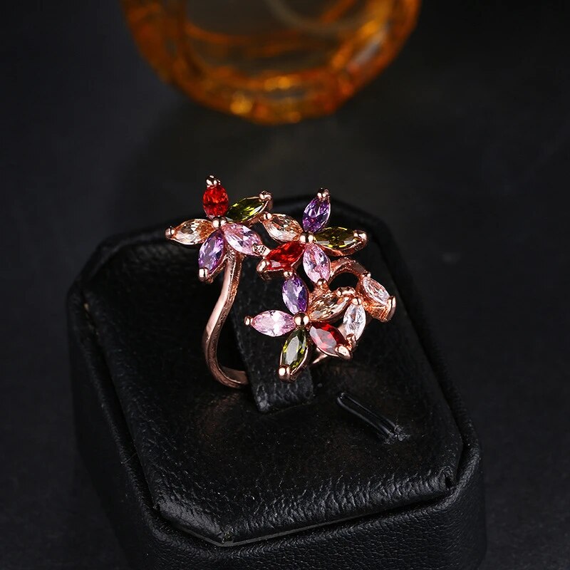 Petal Ring with Multicoloured Zirconia in Rose Gold