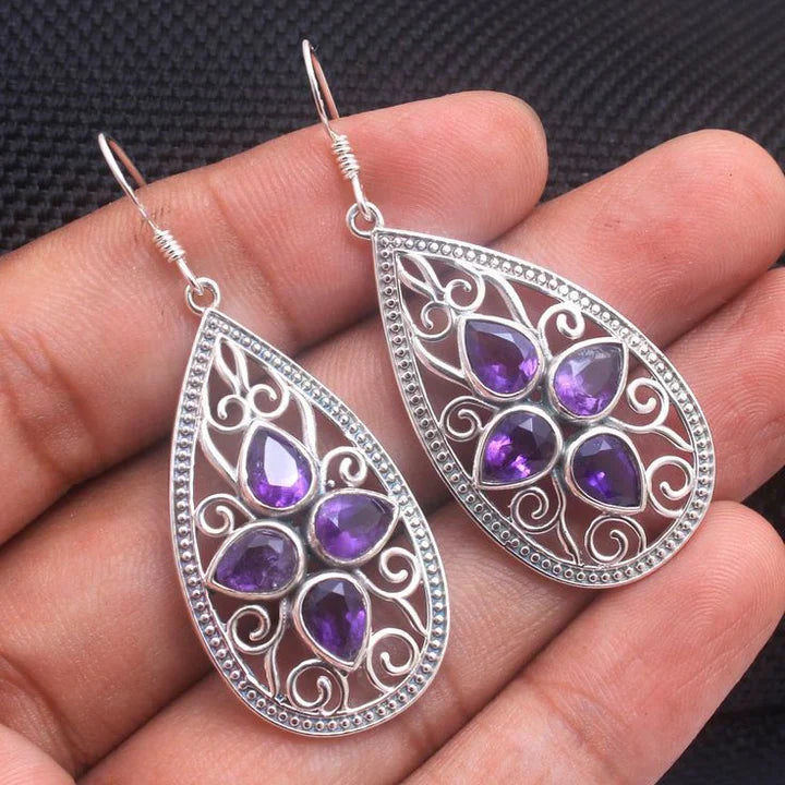 Vintage Purple Drop Glass Mandala Earrings-Lydieannejewelry