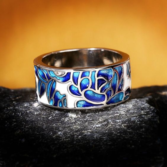 Vintage Enamel Blue Silver Ring-Lydieannejewelry