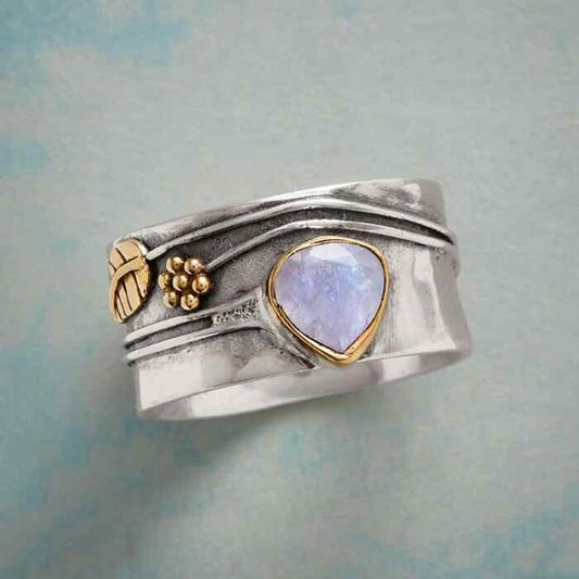 Vintage Moonstone Silver Gold Leaf Ring-Lydieannejewelry