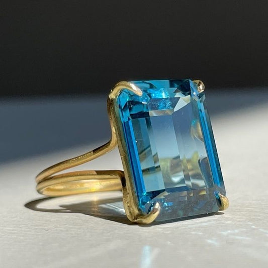 Vintage Blue Ocean Glass Gold Ring-Lydieannejewelry