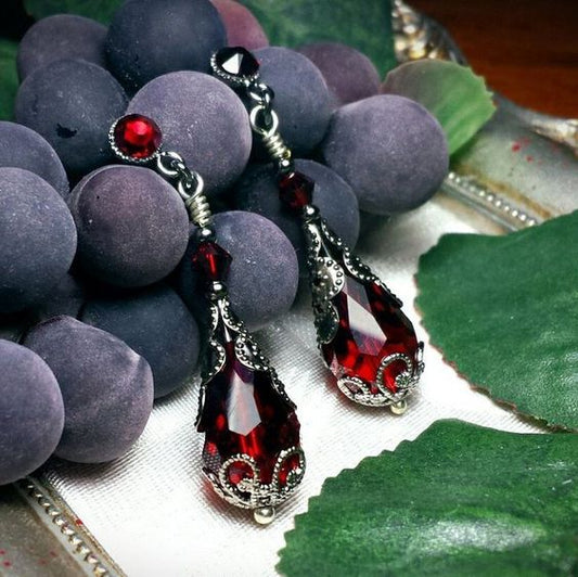 Vintage Red Crystal Drop Earrings-Lydieannejewelry