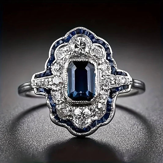 Vintage Blue Crystal Silver Ring-Lydieannejewelry