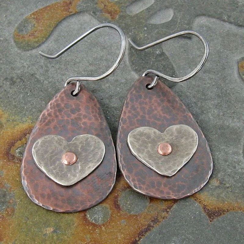 Vintage Bronze Silver Heart Earrings-Lydieannejewelry