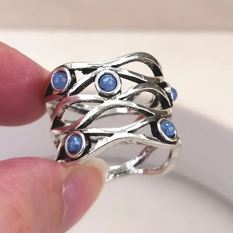 Vintage Layered Inlaid Blue Stone Silver Ring-Lydieannejewelry