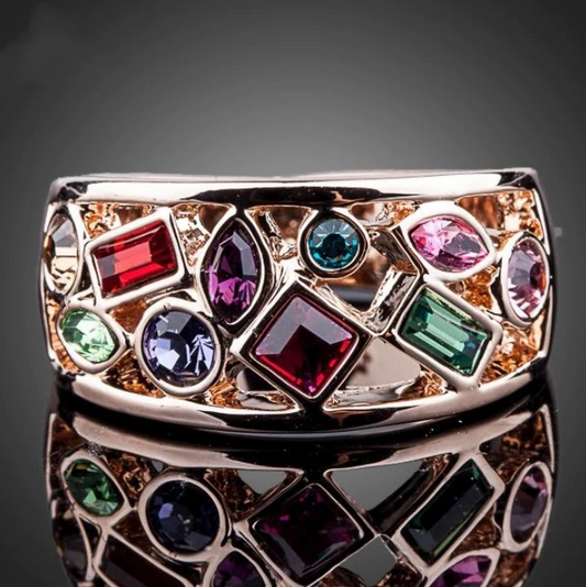 Vintage Colorful Crystals Rose Ring-Lydieannejewelry