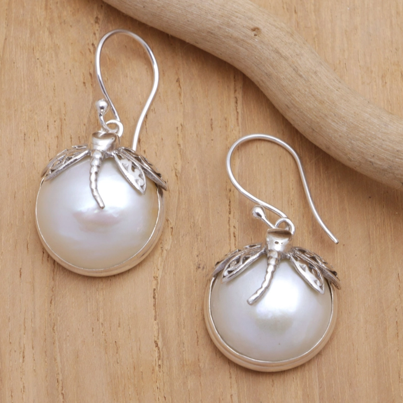 Vintage Dragonfly Pearl Earrings-Lydieannejewelry