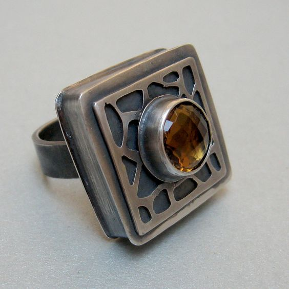 Vintage Square Inlaid Orange Stone Ring-Lydieannejewelry