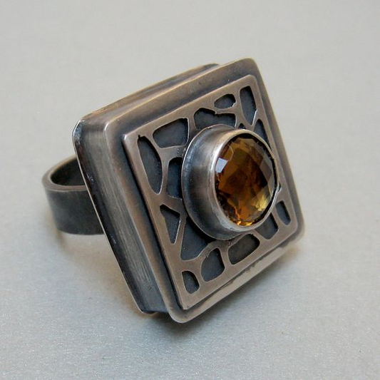 Vintage Square Inlaid Orange Stone Ring-Lydieannejewelry