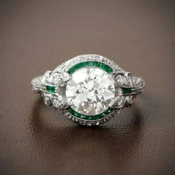 Vintage Green Glass White Zirconia Ring-Lydieannejewelry