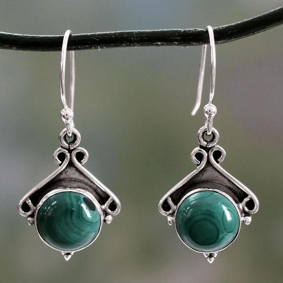 Vintage Green Round Silver Earrings-Lydieannejewelry