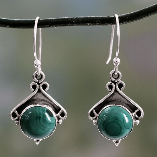 Vintage Green Round Silver Earrings-Lydieannejewelry