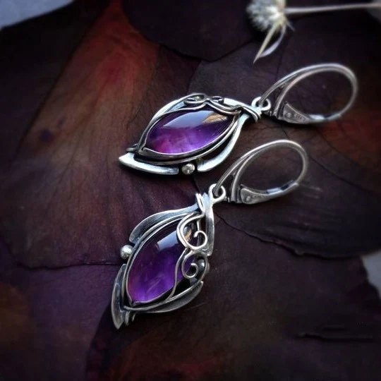Vintage Purple Drop Silver Earrings-Lydieannejewelry
