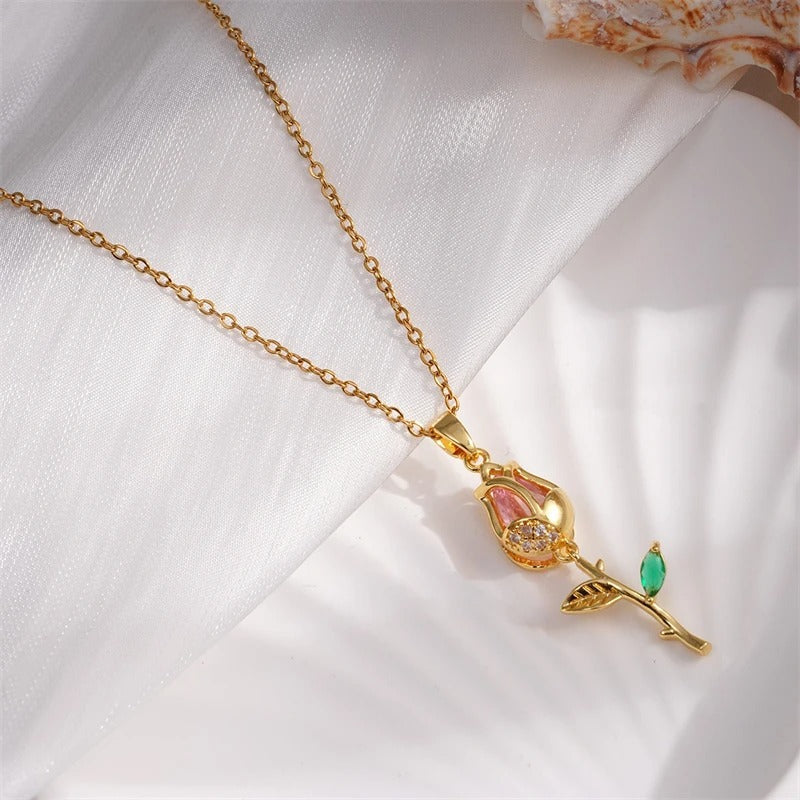 Vintage Gold Pink Tulip Pendant Necklace-Lydieannejewelry