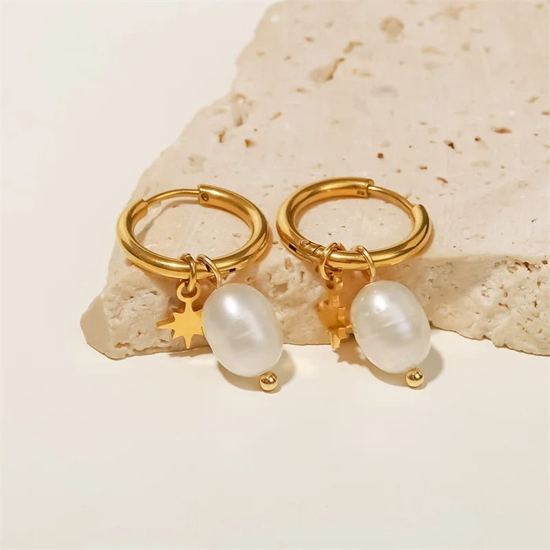 Vintage Gold Star Charm & White Pearl Hoop Earrings-Lydieannejewelry