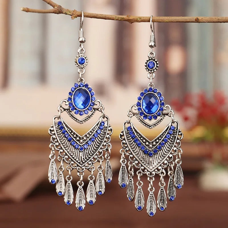 Vintage Silver & Blue Crystal Tassel Earrings-Lydieannejewelry