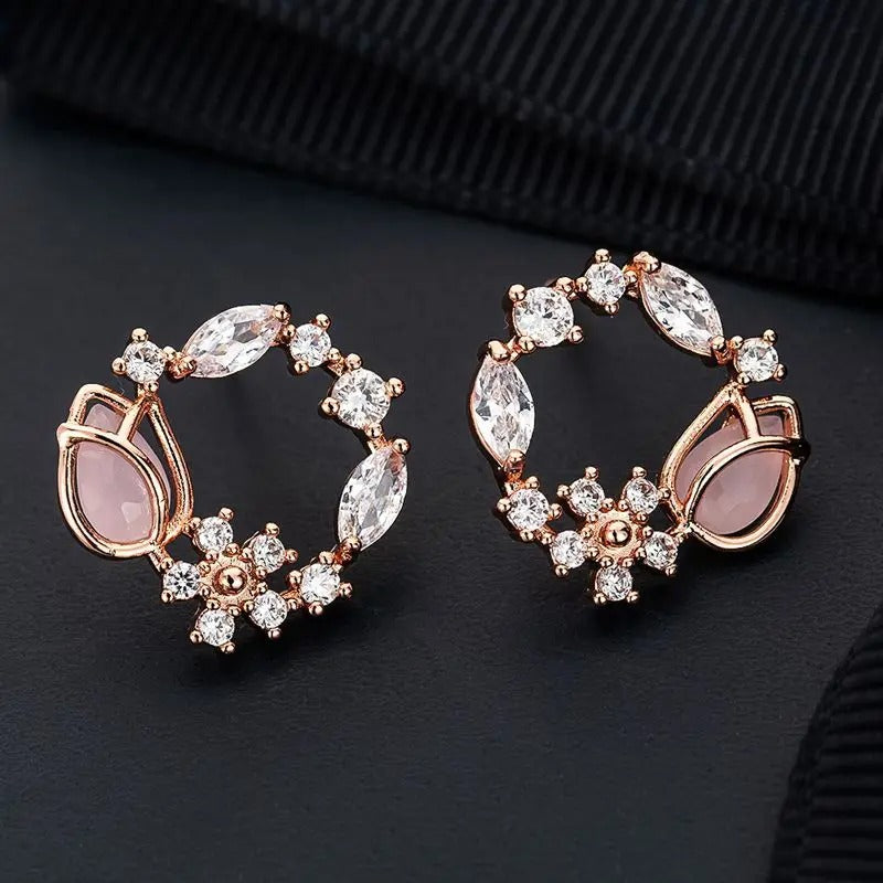 Rose Gold Crystal Flower Earrings-Lydieannejewelry