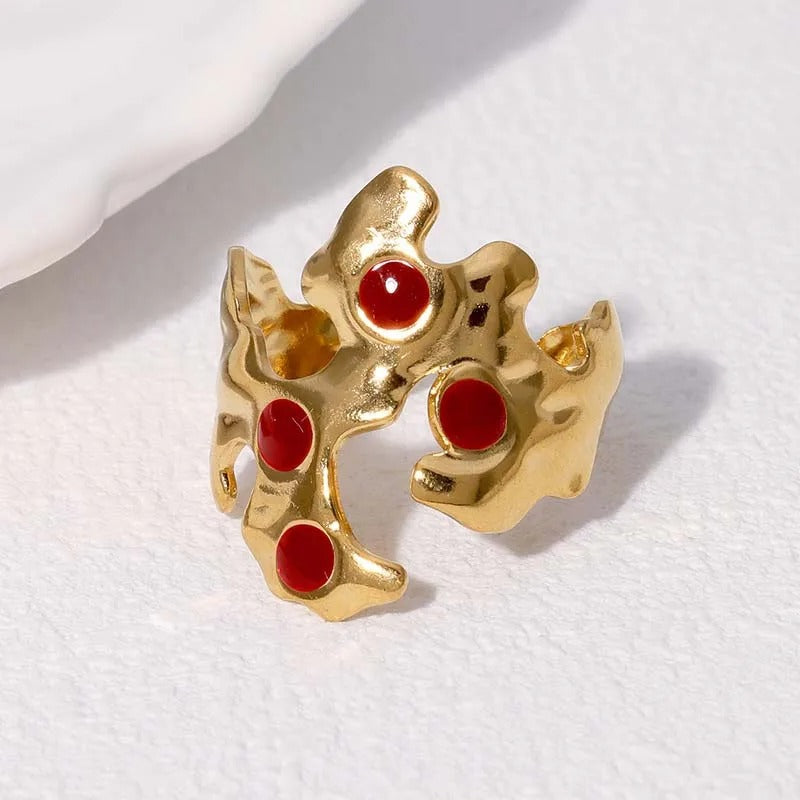 Vintage Gold Abstract Red Accent Adjustable Ring-Lydieannejewelry