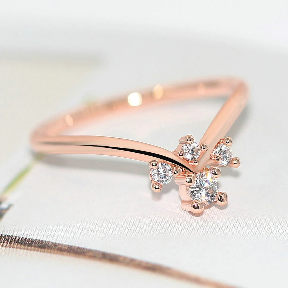 Rose Gold V-Shaped Band & Shimmering Crystal Ring-Lydieannejewelry