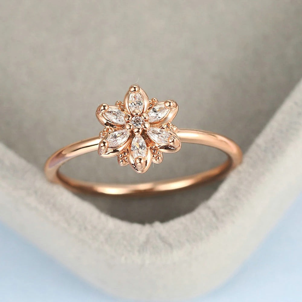Rose Gold Flower Design & Sparkling Crystal Ring-Lydieannejewelry