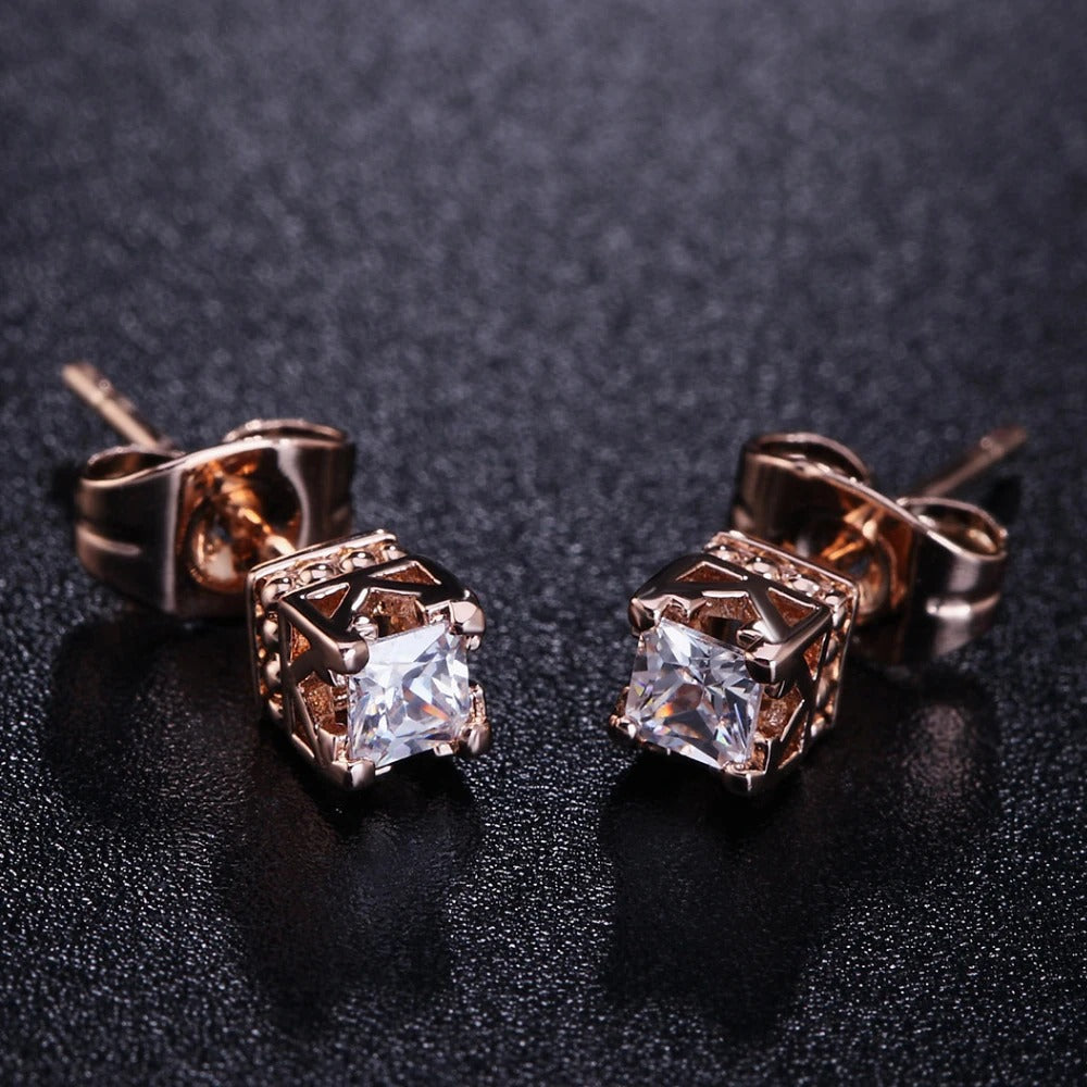 Rose Gold Princess-Cut Crystal Crown Earrings-Lydieannejewelry