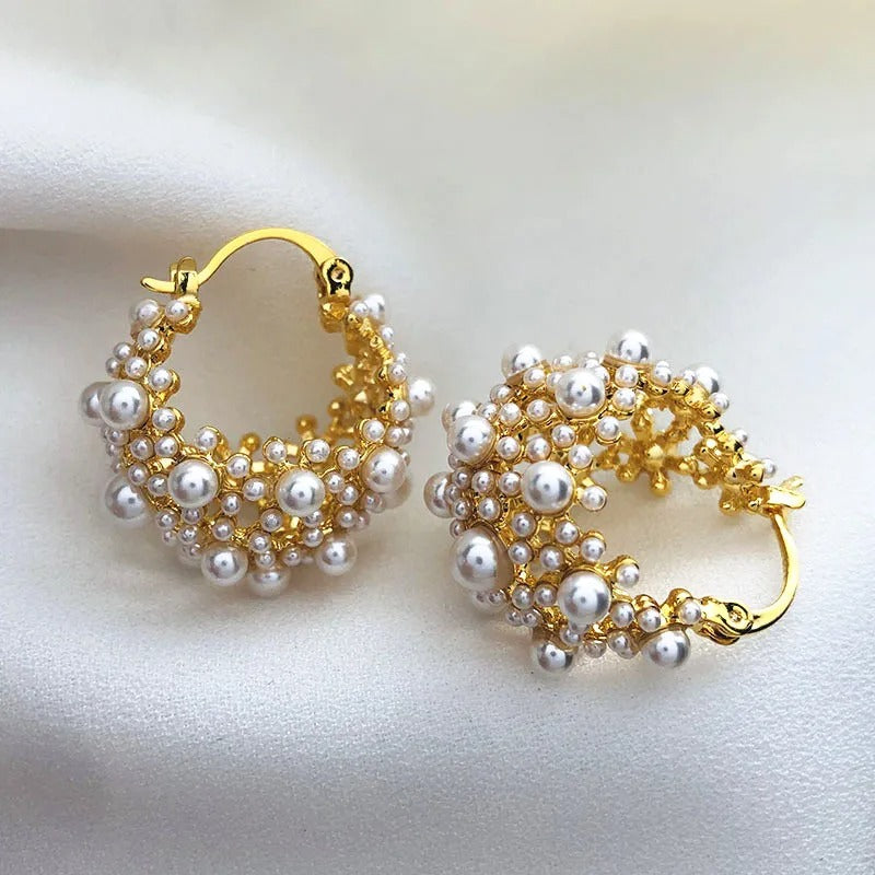 Vintage Gold Pearl Cluster Design Hoop Earrings-Lydieannejewelry