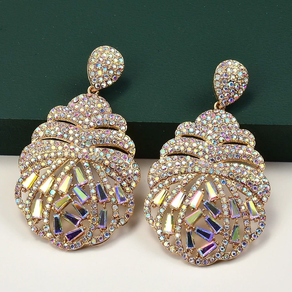 Gold Vintage Seashell Shaped Crystal Earrings-Lydieannejewelry