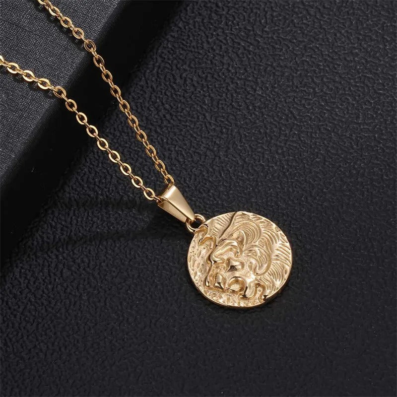 Classic Gold Engraved Lion Head Coin Pendant Necklace-Lydieannejewelry