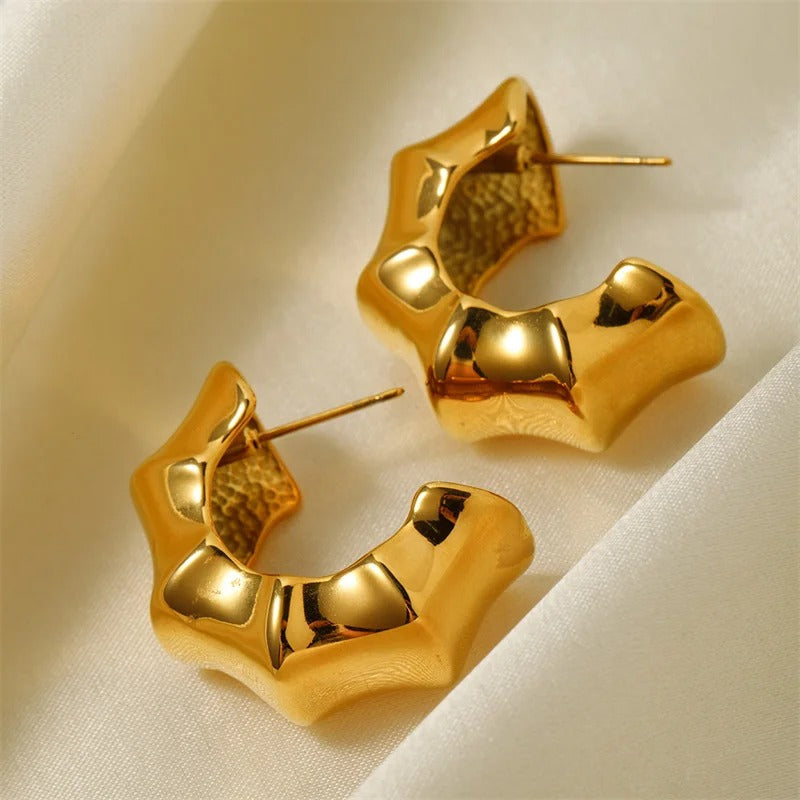 Vintage Chunky Gold Bamboo Shape Stud Earrings-Lydieannejewelry