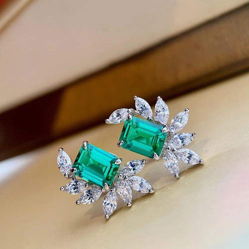 Green Rectangular Gemstone & Sparkling White Petal Earrings-Lydieannejewelry