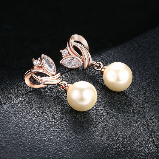 Vintage Rose Gold Pearl Dangle Earrings-Lydieannejewelry