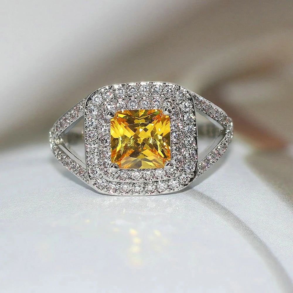 Classic Yellow Gem & Silver Vintage Halo Ring-Lydieannejewelry
