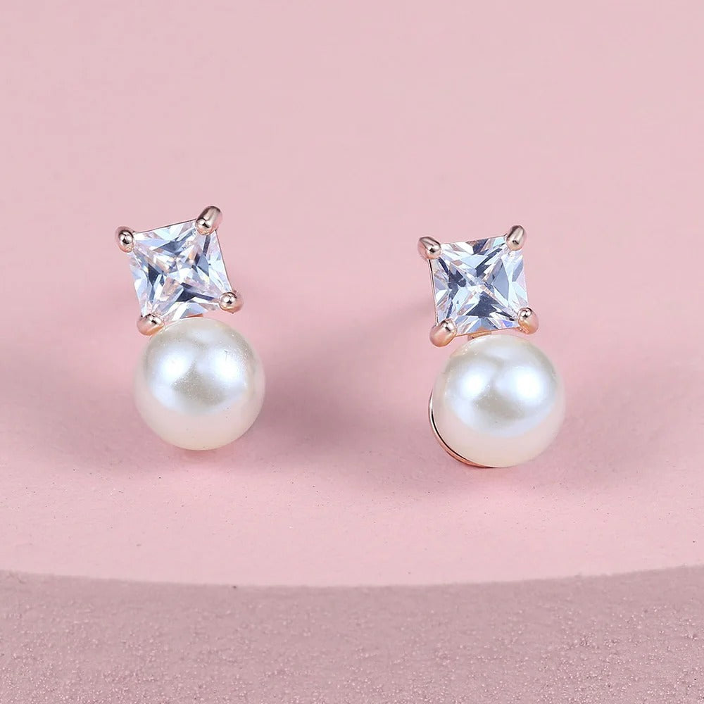 Vintage Rose Gold Square Cut & Pearl Earrings-Lydieannejewelry