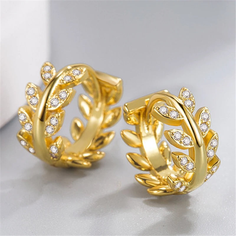 Gold Floral Leaf Design Crystal Hoop Earrings-Lydieannejewelry