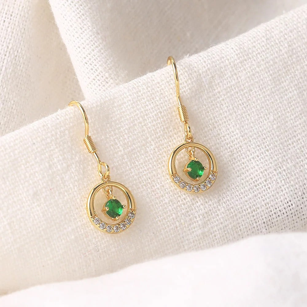 Vintage Gold Green Stone & Sparkling Halo Drop Earrings-Lydieannejewelry
