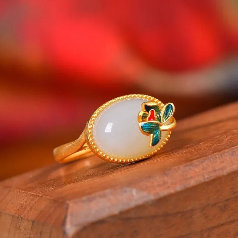 Classic Floral & Oval Gemstone Gold Adjustable Ring-Lydieannejewelry